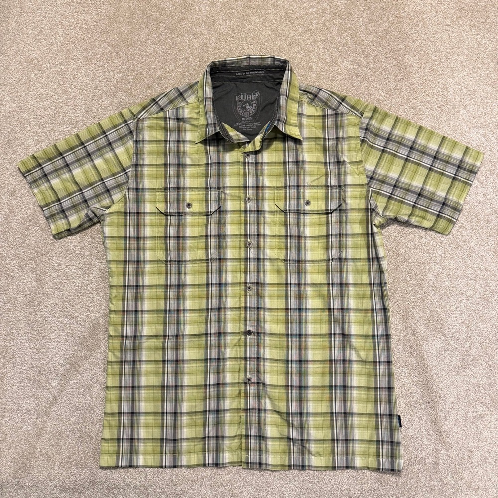 Kuhl Eluxur Button Down Shirt Mens M Green Plaid Short Sleeve Hiking Outdoors